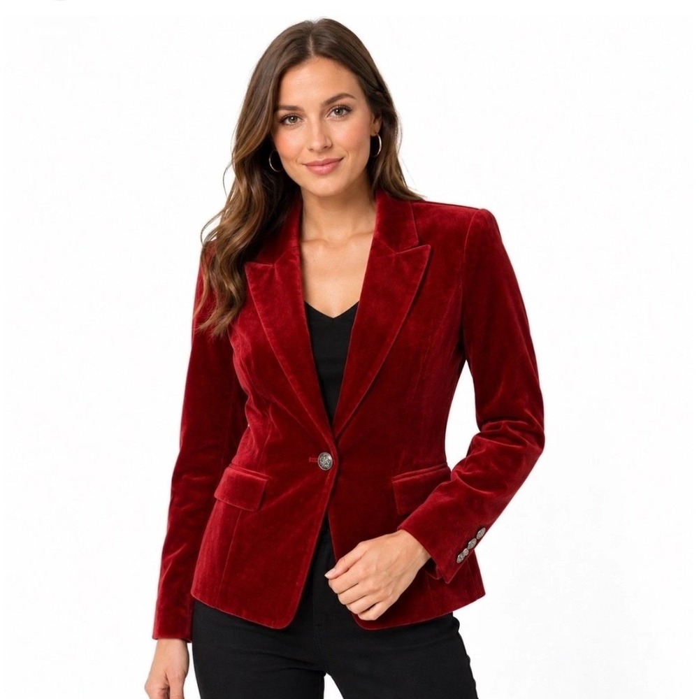 White House Black Market Red Velvet Blazer Jacket Size 2 Single Button Holiday